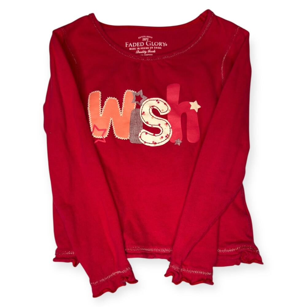 Faded Glory Girls Red Long Sleeve “Wish” Shirt Size 4 Preowned Fast Shipping